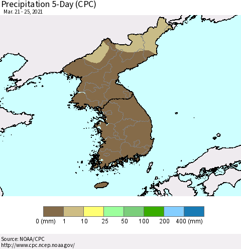 Korea Precipitation 5-Day (CPC) Thematic Map For 3/21/2021 - 3/25/2021
