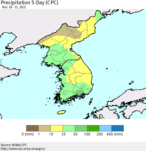 Korea Precipitation 5-Day (CPC) Thematic Map For 3/26/2021 - 3/31/2021
