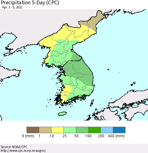 Korea Precipitation 5-Day (CPC) Thematic Map For 4/1/2021 - 4/5/2021