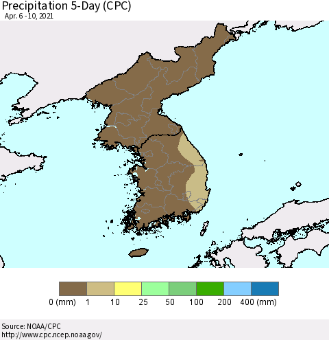 Korea Precipitation 5-Day (CPC) Thematic Map For 4/6/2021 - 4/10/2021
