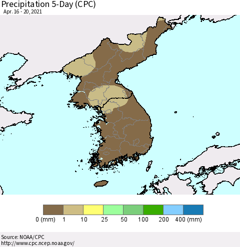 Korea Precipitation 5-Day (CPC) Thematic Map For 4/16/2021 - 4/20/2021