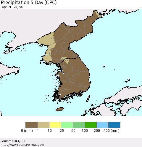 Korea Precipitation 5-Day (CPC) Thematic Map For 4/21/2021 - 4/25/2021