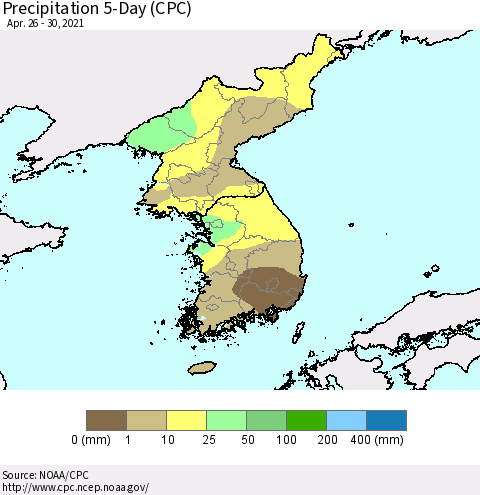 Korea Precipitation 5-Day (CPC) Thematic Map For 4/26/2021 - 4/30/2021
