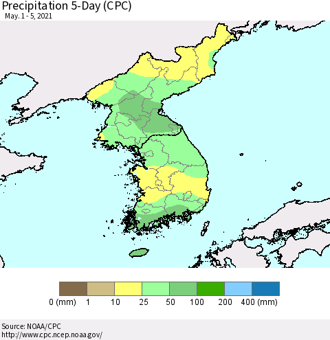 Korea Precipitation 5-Day (CPC) Thematic Map For 5/1/2021 - 5/5/2021