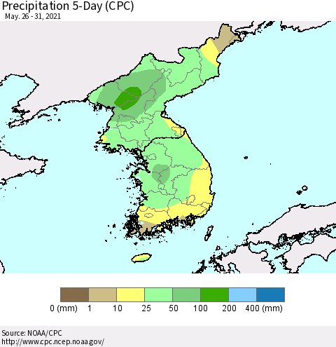 Korea Precipitation 5-Day (CPC) Thematic Map For 5/26/2021 - 5/31/2021