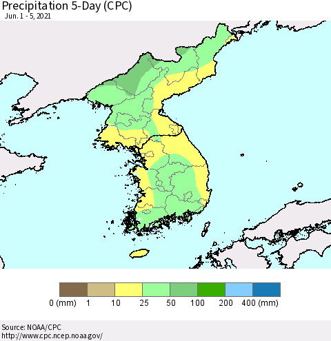 Korea Precipitation 5-Day (CPC) Thematic Map For 6/1/2021 - 6/5/2021