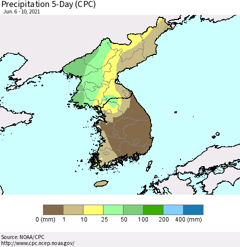 Korea Precipitation 5-Day (CPC) Thematic Map For 6/6/2021 - 6/10/2021