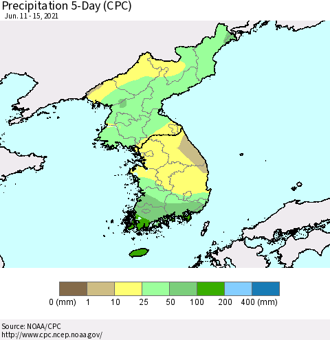 Korea Precipitation 5-Day (CPC) Thematic Map For 6/11/2021 - 6/15/2021