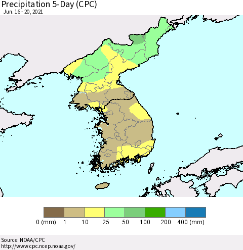 Korea Precipitation 5-Day (CPC) Thematic Map For 6/16/2021 - 6/20/2021