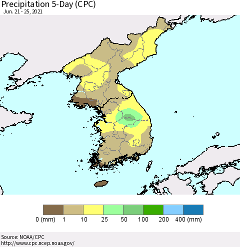 Korea Precipitation 5-Day (CPC) Thematic Map For 6/21/2021 - 6/25/2021