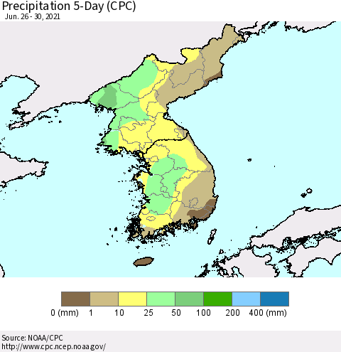 Korea Precipitation 5-Day (CPC) Thematic Map For 6/26/2021 - 6/30/2021