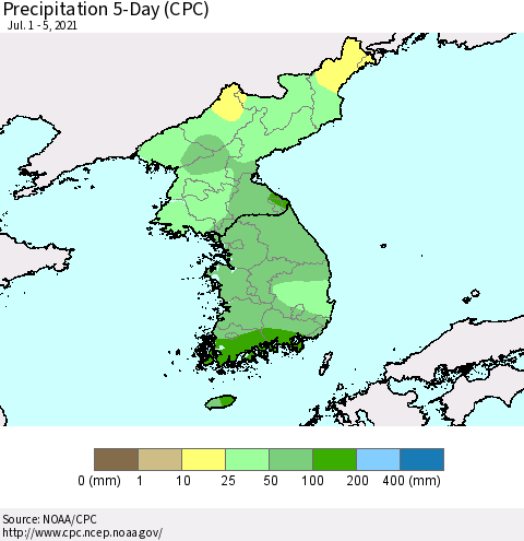Korea Precipitation 5-Day (CPC) Thematic Map For 7/1/2021 - 7/5/2021