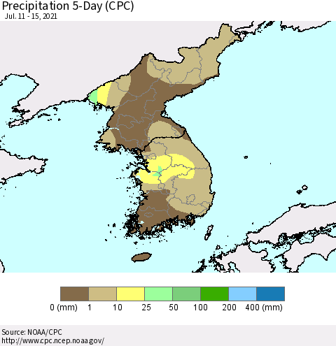 Korea Precipitation 5-Day (CPC) Thematic Map For 7/11/2021 - 7/15/2021