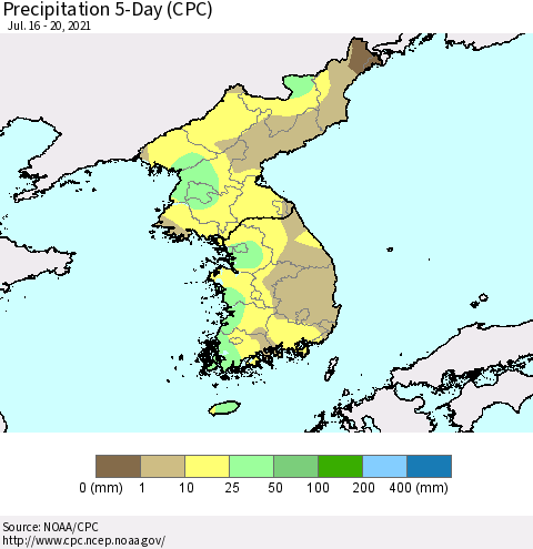 Korea Precipitation 5-Day (CPC) Thematic Map For 7/16/2021 - 7/20/2021