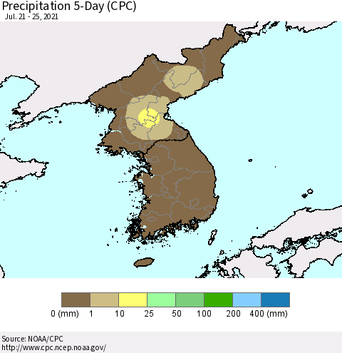 Korea Precipitation 5-Day (CPC) Thematic Map For 7/21/2021 - 7/25/2021