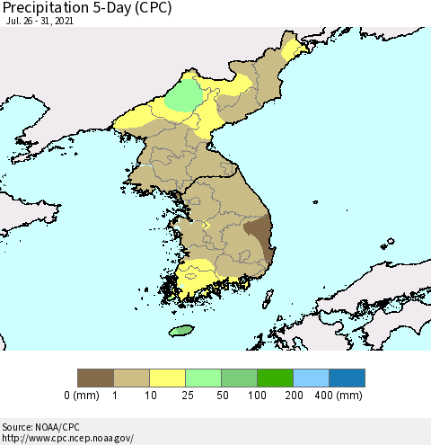 Korea Precipitation 5-Day (CPC) Thematic Map For 7/26/2021 - 7/31/2021