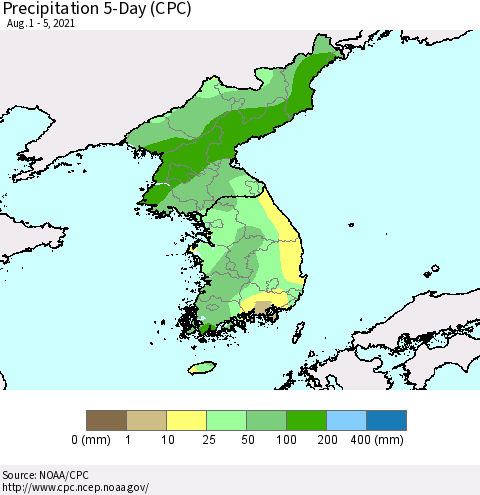 Korea Precipitation 5-Day (CPC) Thematic Map For 8/1/2021 - 8/5/2021