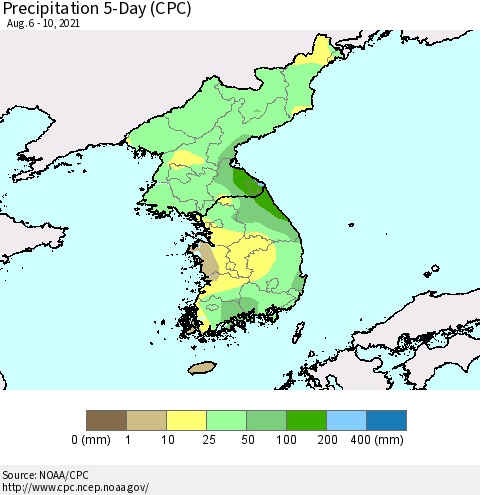 Korea Precipitation 5-Day (CPC) Thematic Map For 8/6/2021 - 8/10/2021