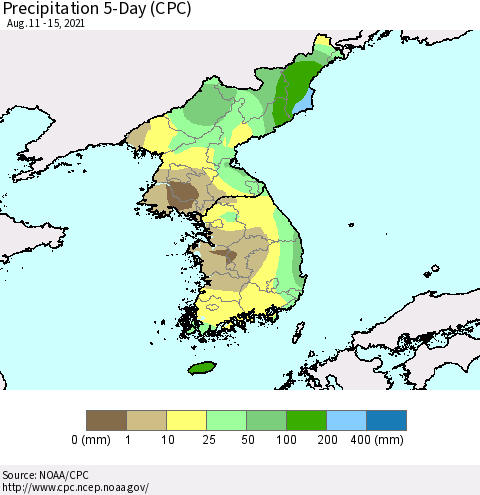 Korea Precipitation 5-Day (CPC) Thematic Map For 8/11/2021 - 8/15/2021