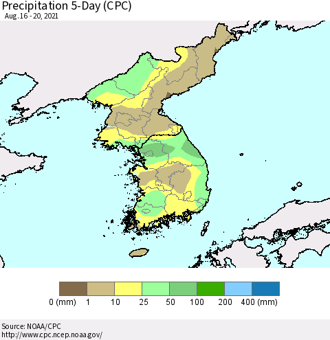 Korea Precipitation 5-Day (CPC) Thematic Map For 8/16/2021 - 8/20/2021