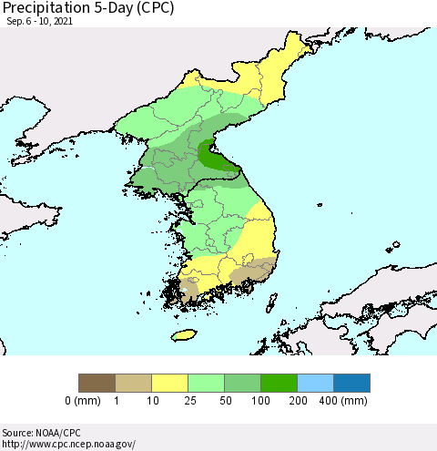 Korea Precipitation 5-Day (CPC) Thematic Map For 9/6/2021 - 9/10/2021
