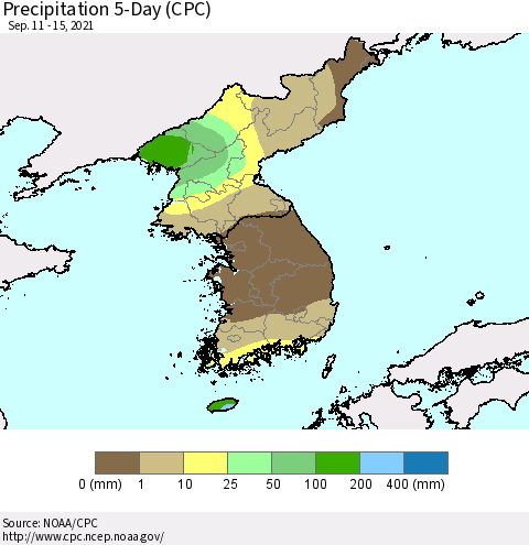 Korea Precipitation 5-Day (CPC) Thematic Map For 9/11/2021 - 9/15/2021