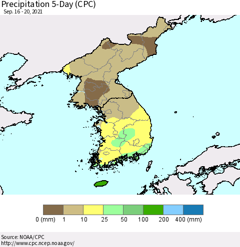 Korea Precipitation 5-Day (CPC) Thematic Map For 9/16/2021 - 9/20/2021