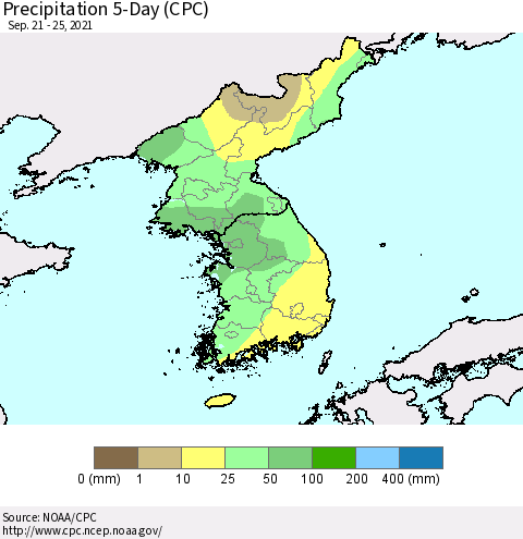 Korea Precipitation 5-Day (CPC) Thematic Map For 9/21/2021 - 9/25/2021