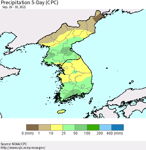Korea Precipitation 5-Day (CPC) Thematic Map For 9/26/2021 - 9/30/2021