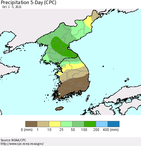 Korea Precipitation 5-Day (CPC) Thematic Map For 10/1/2021 - 10/5/2021
