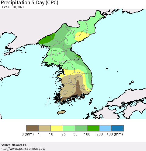 Korea Precipitation 5-Day (CPC) Thematic Map For 10/6/2021 - 10/10/2021
