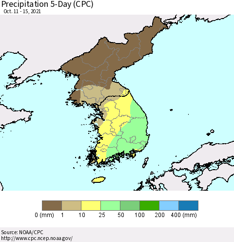 Korea Precipitation 5-Day (CPC) Thematic Map For 10/11/2021 - 10/15/2021