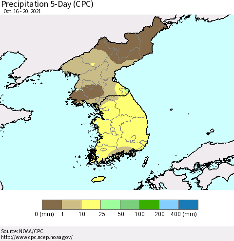 Korea Precipitation 5-Day (CPC) Thematic Map For 10/16/2021 - 10/20/2021
