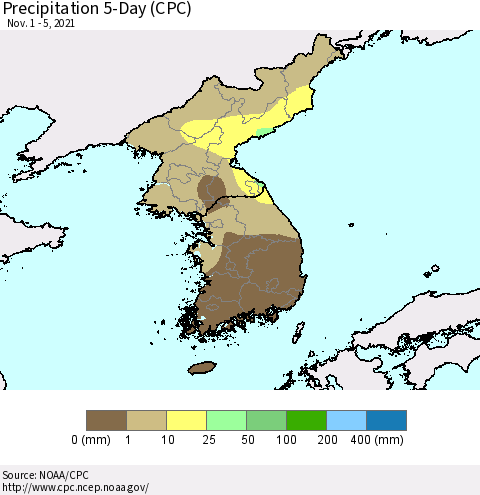 Korea Precipitation 5-Day (CPC) Thematic Map For 11/1/2021 - 11/5/2021