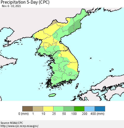 Korea Precipitation 5-Day (CPC) Thematic Map For 11/6/2021 - 11/10/2021