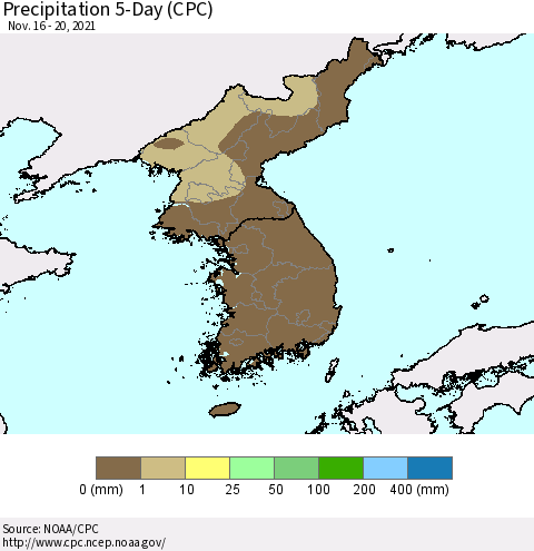Korea Precipitation 5-Day (CPC) Thematic Map For 11/16/2021 - 11/20/2021