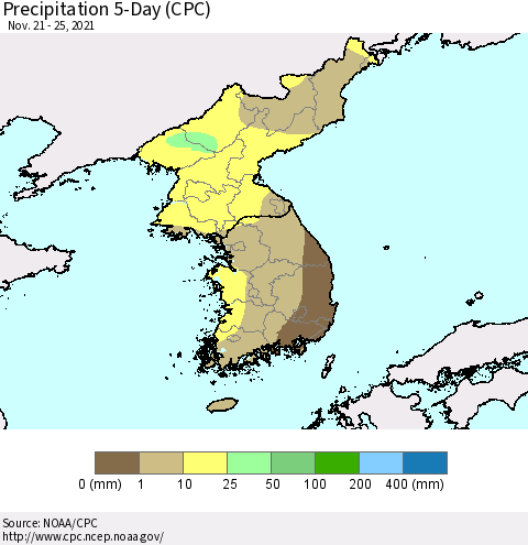 Korea Precipitation 5-Day (CPC) Thematic Map For 11/21/2021 - 11/25/2021