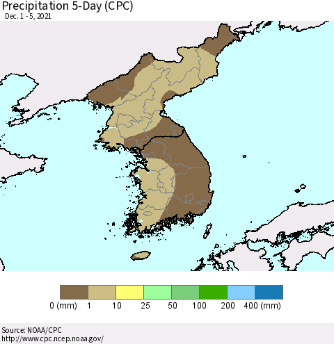 Korea Precipitation 5-Day (CPC) Thematic Map For 12/1/2021 - 12/5/2021