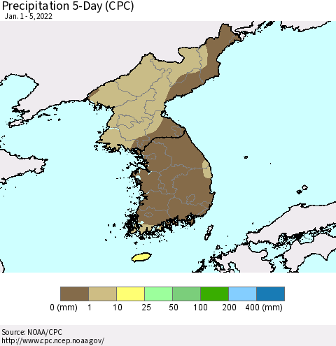 Korea Precipitation 5-Day (CPC) Thematic Map For 1/1/2022 - 1/5/2022