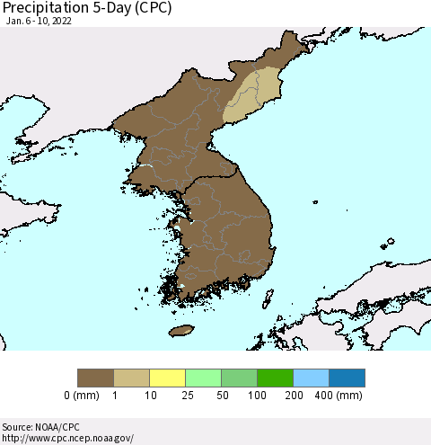 Korea Precipitation 5-Day (CPC) Thematic Map For 1/6/2022 - 1/10/2022