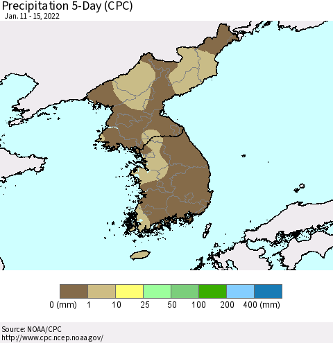 Korea Precipitation 5-Day (CPC) Thematic Map For 1/11/2022 - 1/15/2022