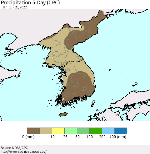 Korea Precipitation 5-Day (CPC) Thematic Map For 1/16/2022 - 1/20/2022
