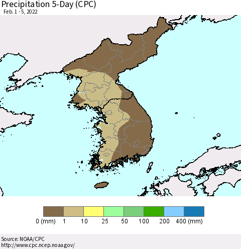 Korea Precipitation 5-Day (CPC) Thematic Map For 2/1/2022 - 2/5/2022