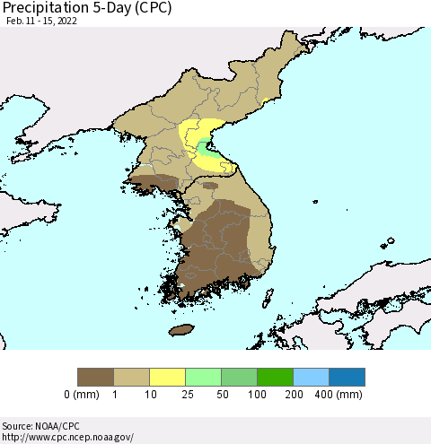 Korea Precipitation 5-Day (CPC) Thematic Map For 2/11/2022 - 2/15/2022