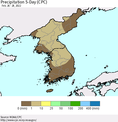 Korea Precipitation 5-Day (CPC) Thematic Map For 2/26/2022 - 2/28/2022