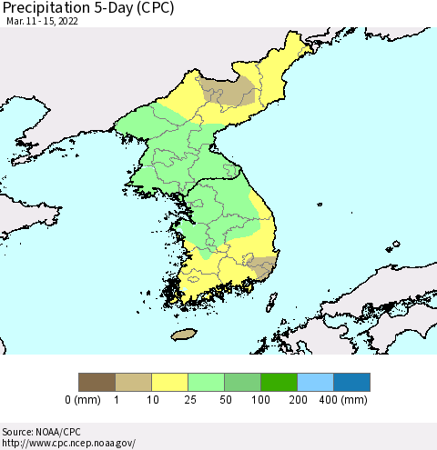 Korea Precipitation 5-Day (CPC) Thematic Map For 3/11/2022 - 3/15/2022