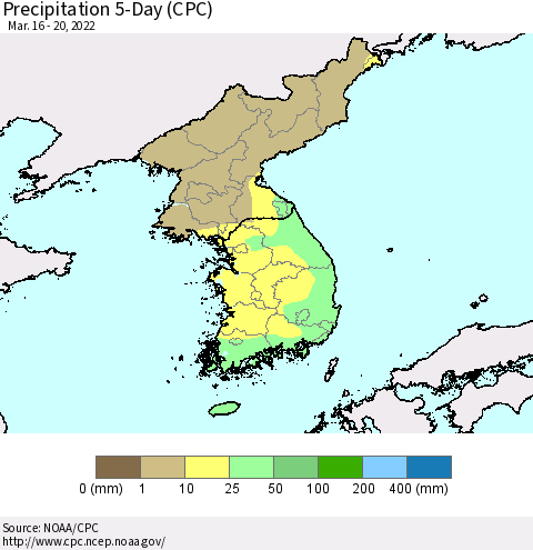 Korea Precipitation 5-Day (CPC) Thematic Map For 3/16/2022 - 3/20/2022