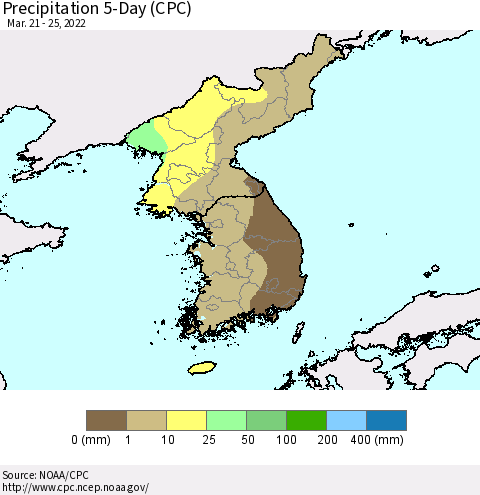 Korea Precipitation 5-Day (CPC) Thematic Map For 3/21/2022 - 3/25/2022