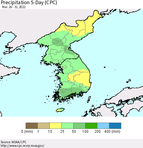 Korea Precipitation 5-Day (CPC) Thematic Map For 3/26/2022 - 3/31/2022