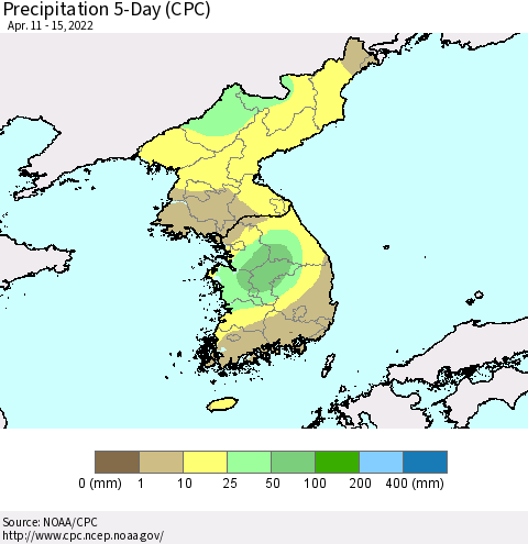 Korea Precipitation 5-Day (CPC) Thematic Map For 4/11/2022 - 4/15/2022